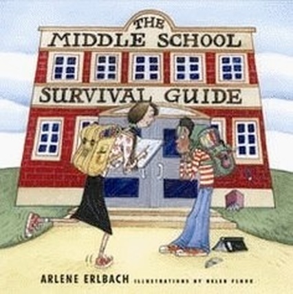 Cartoon picture of a school house with The Middle School Survival Guide written on it